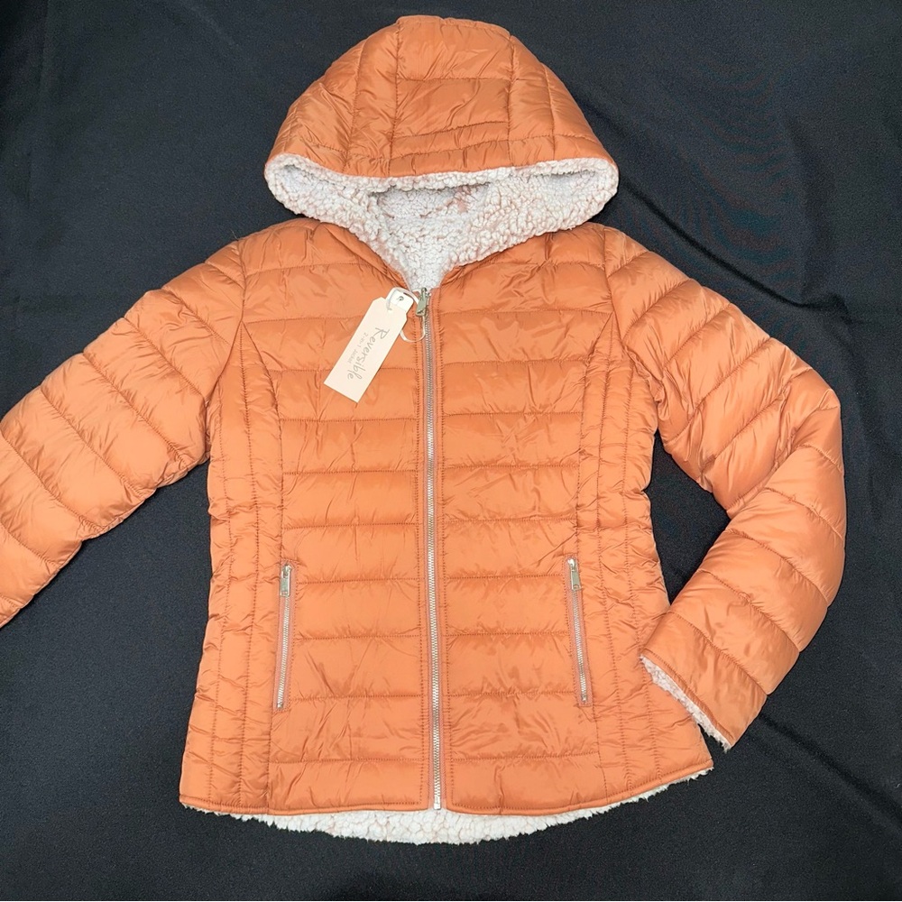 Reversible faux fur jacket‎ size small burnt sienna / orange